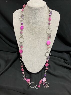 Long Pink Bead and Silver Ring Necklace